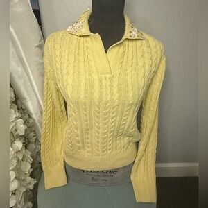 La Fuori Cable Knit Sweater Embellished Collar Yellow Size M NWT
